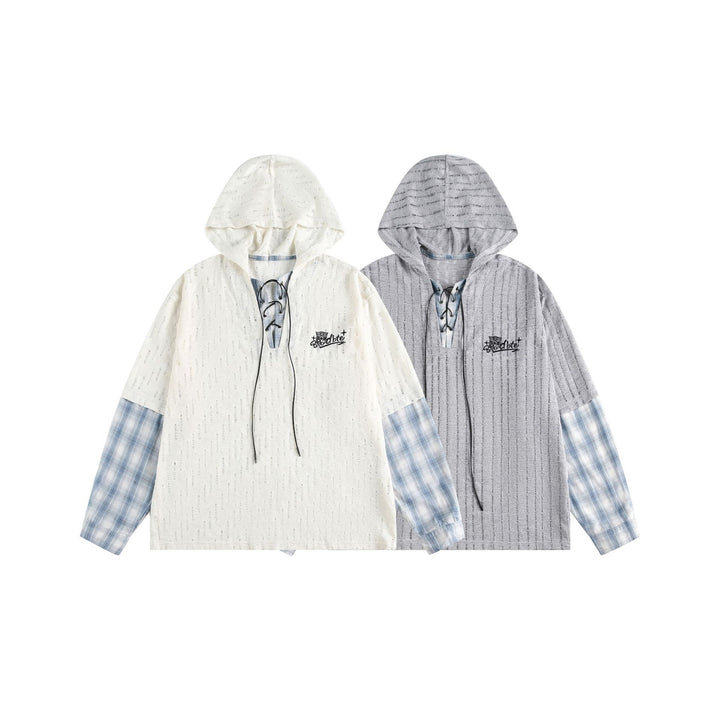 Unisex Casual Hoodie in Layering Look with Lace-Up V-Neck Mune Fashion
