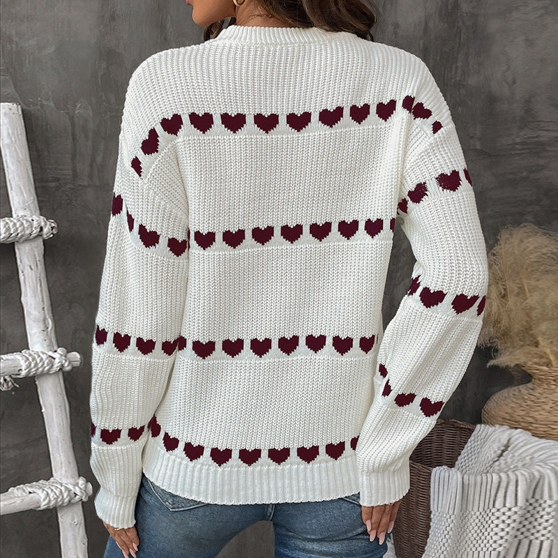 Women's Cozy Knit Sweater with Heart Pattern Mune Fashion
