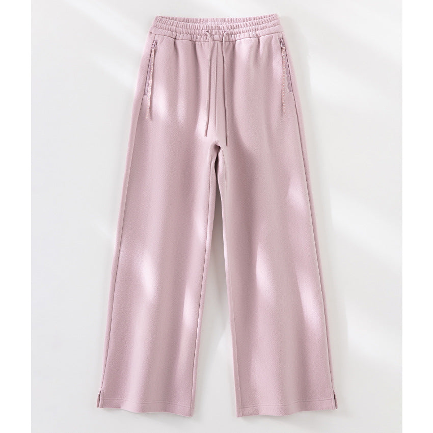 Ladies Wide Highwaist Sweatpants with Drawstring, Side Pockets and Hem Slit Mune Fashion