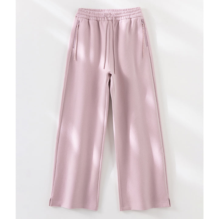 Ladies Wide Highwaist Sweatpants with Drawstring, Side Pockets and Hem Slit Mune Fashion