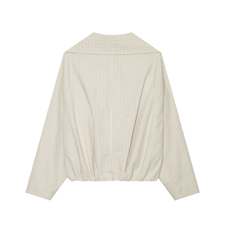 Women's Cropped Short Trench Coat with Wide Shawl Collar, Checkered Grid Print and Elastic Hem