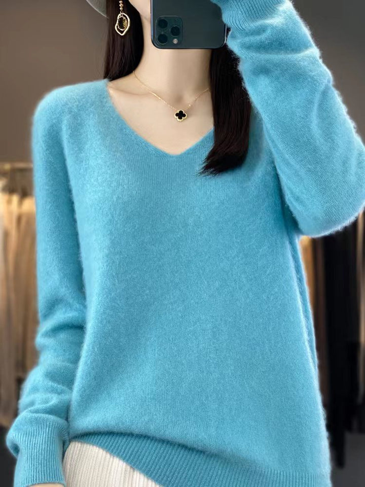 Women's Cozy V-Neck Fine Knit Sweater made of Mohair Mix with Fluffy Surface Mune Fashion