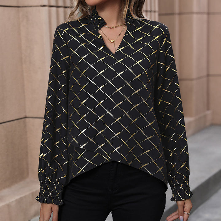 Women Elegant Blouse with Geometric Pattern and Ruffles Mune Fashion