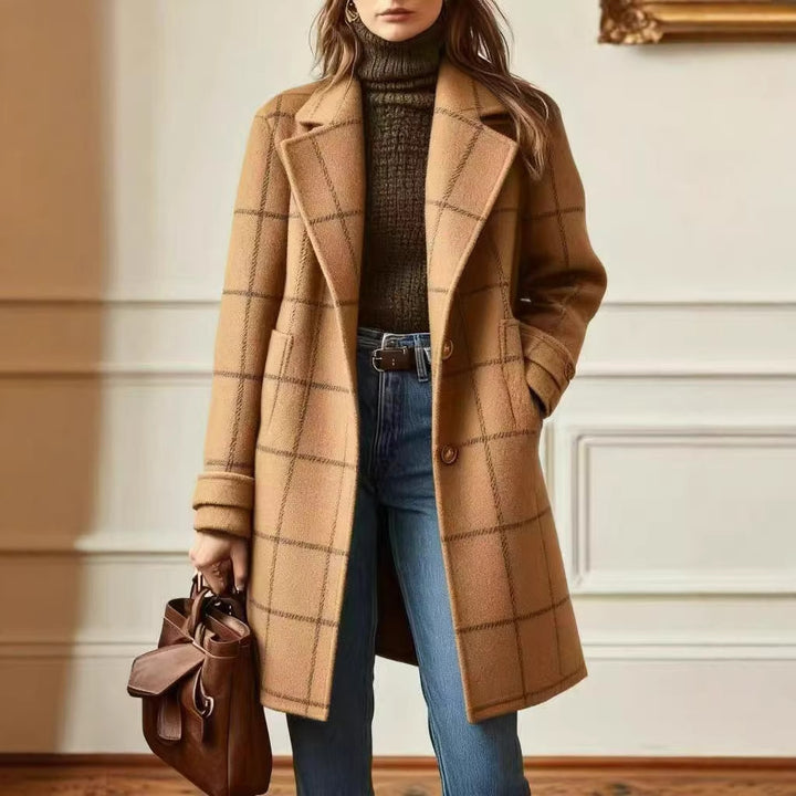 Women's Stylish Wool Coat with Check Pattern