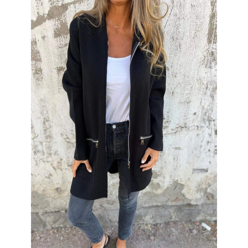 Women's Mid-Length Coat with Full Zipper and Zipper Pocket Details Mune Fashion