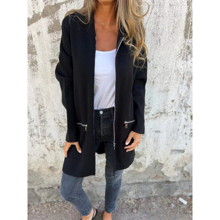 Women's Mid-Length Coat with Full Zipper and Zipper Pocket Details Mune Fashion