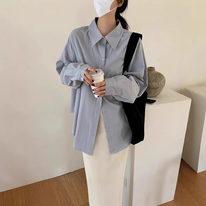 Women's Loose Oversize Shirt with Stand Collar, Extended Back and Drop Shoulders Mune Fashion