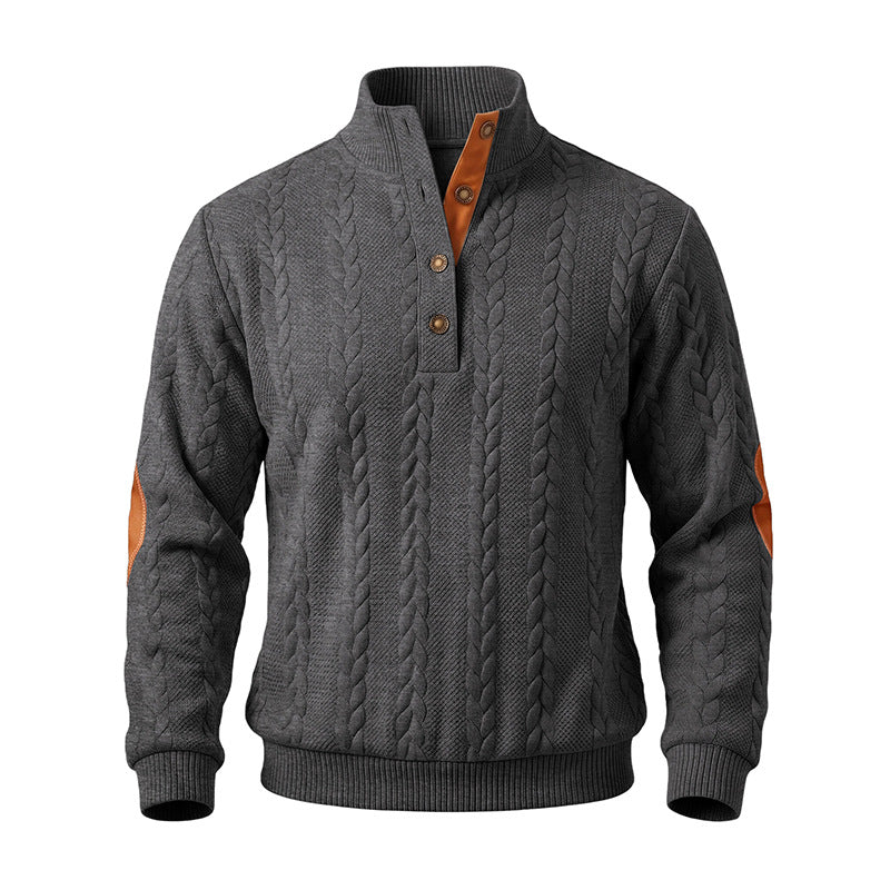 Men's troyer pullover with cable pattern, elbow patches and contrasted button placket Mune Fashion