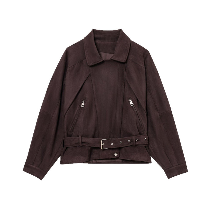 Women Short Suede Look Trench Coat with Waist Belt and Zipper Details Mune Fashion