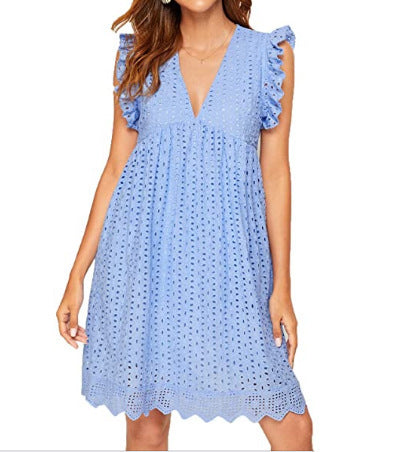 Women's Broderie-Anglaise Mini Dress with V-Neck, Ruffled Sleeves, and Insert Pockets Mune Fashion