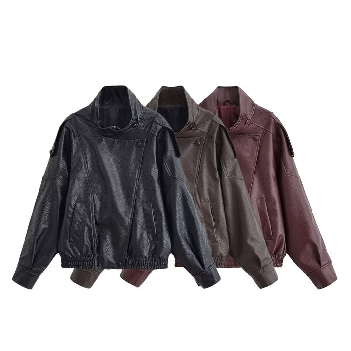 Women's Leather Look Bomber Jacket with High Stand-up Collar, Asymmetrical Snap Button Placket, and Elastic Hem Mune Fashion