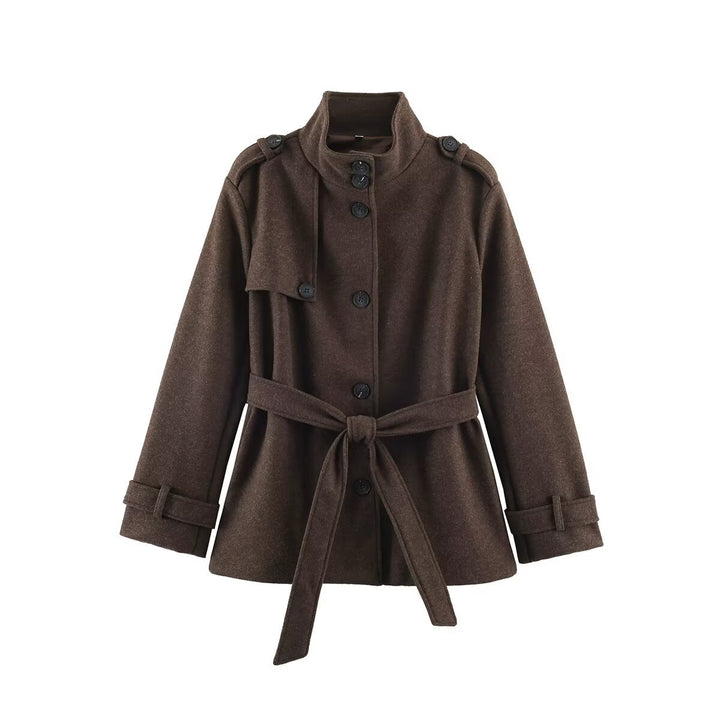 Women's short coat made of wool blend with stand-up collar, shoulder patches, and belted waist Mune Fashion