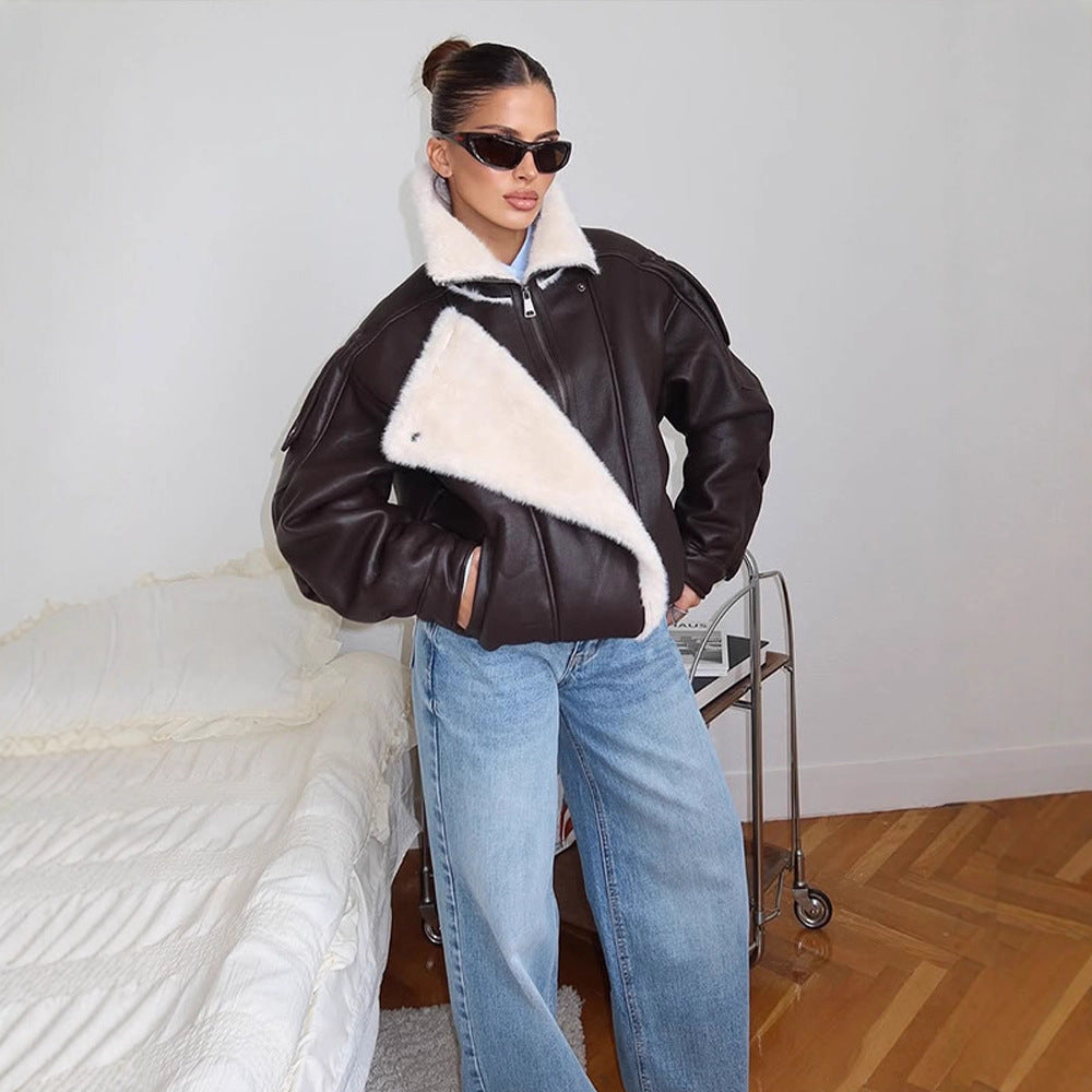 Women's Oversized Flight Jacket made of Faux Leather with Asymmetrical Faux Fur Trim Mune Fashion