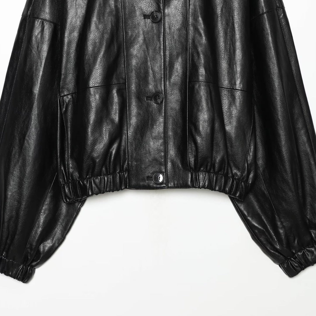 Women's Short Faux Leather Bomber Jacket with High Funnel Collar and Elastic Hem Mune Fashion
