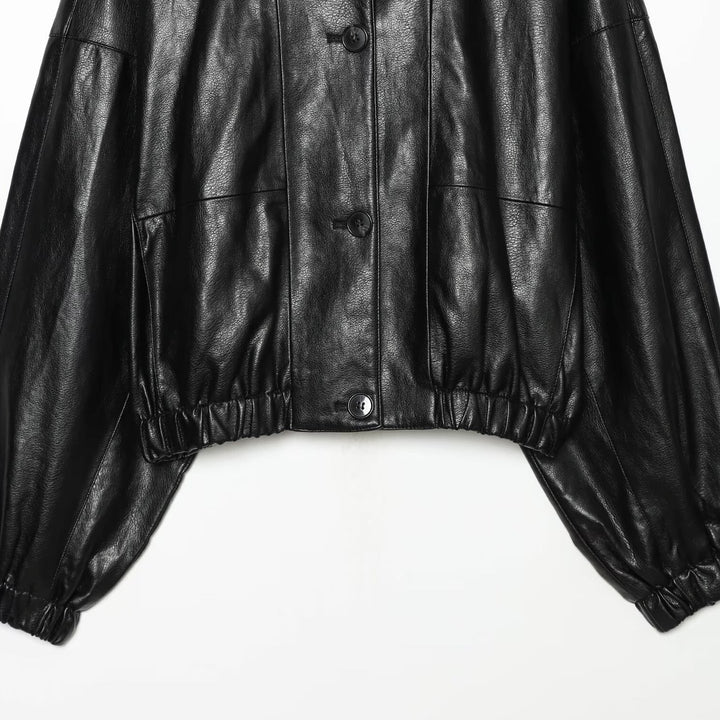 Women's Short Faux Leather Bomber Jacket with High Funnel Collar and Elastic Hem Mune Fashion