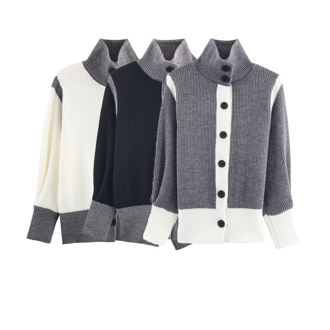 Women's Oversized Ribbed Cardigan with High Collar, Contrast Trim and Button Placket