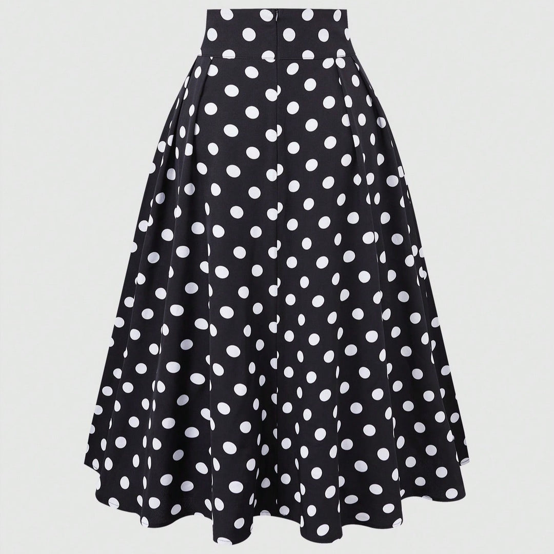Women High-Waisted Flared Skirt with Fitted Yoke, Pleats and Polka Dot Print Mune Fashion