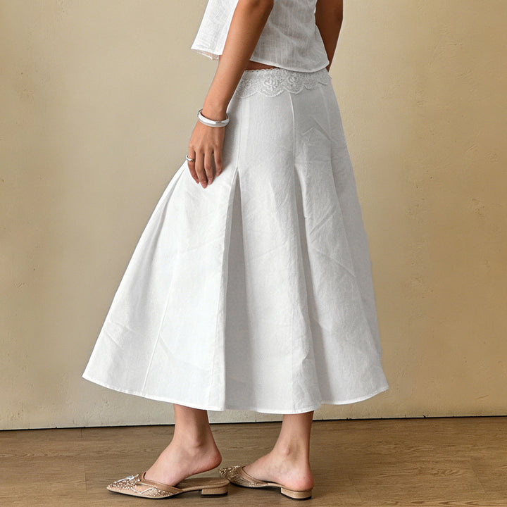 Women's midi skirt with high stretch lace waistband, flared godet panels and tailored darts Mune Fashion