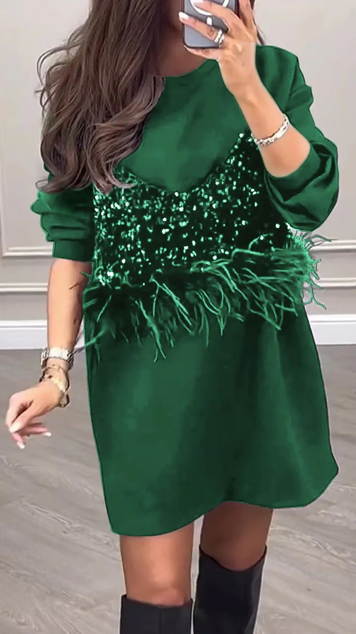 Women's Nan Sweat Mini Dress with Sequin Bustier and Feather Trim Mune Fashion