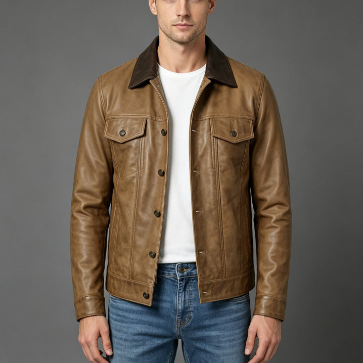 Men's Stylish Leather Jacket with Classic Collar