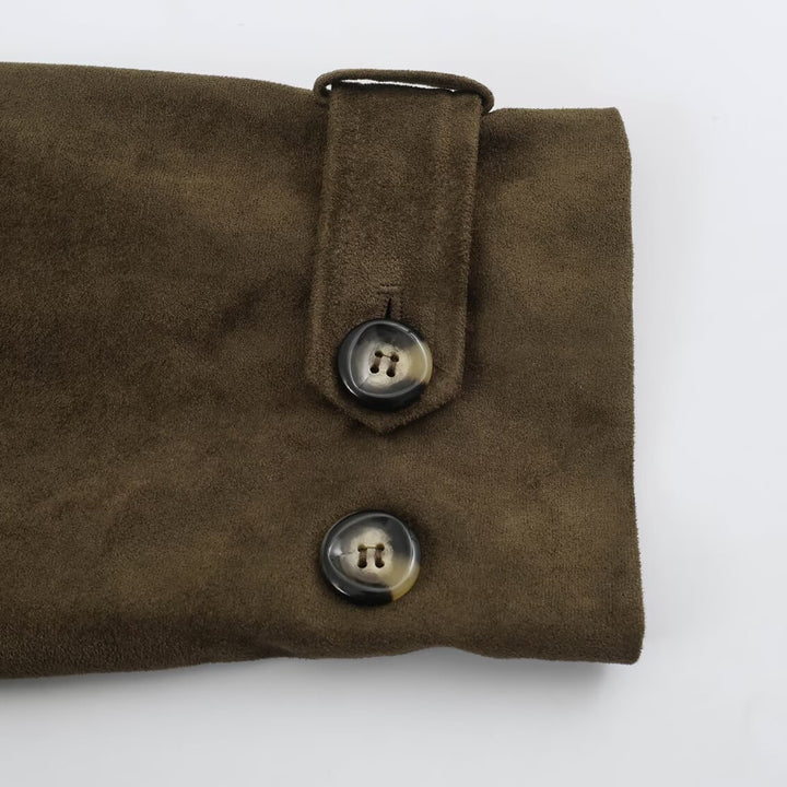 Women's Short-Cut Double-Breasted Suede-Look Bomber with Stand-Up Collar and Shoulder Patches Mune Fashion