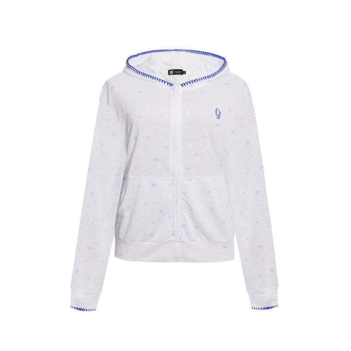 Women's Lightweight Hooded Zip Cardigan with Allover Stars and Decorative Stitching