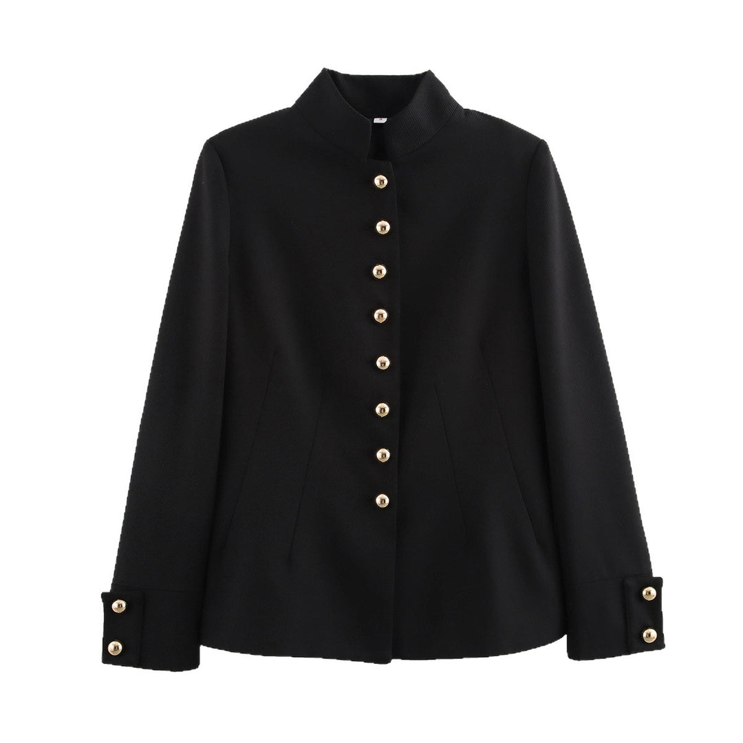 Women Tailored Short Blazer with Stand Collar and Golden Decorative Buttons Mune Fashion