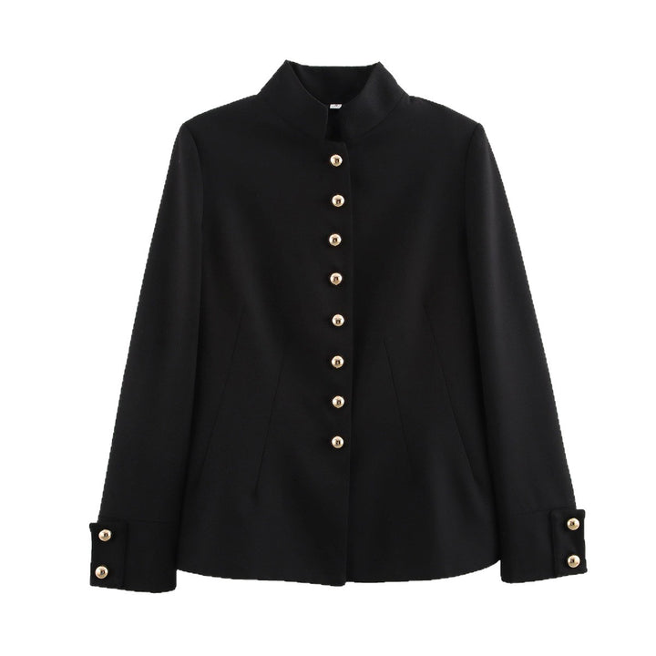 Women Tailored Short Blazer with Stand Collar and Golden Decorative Buttons Mune Fashion