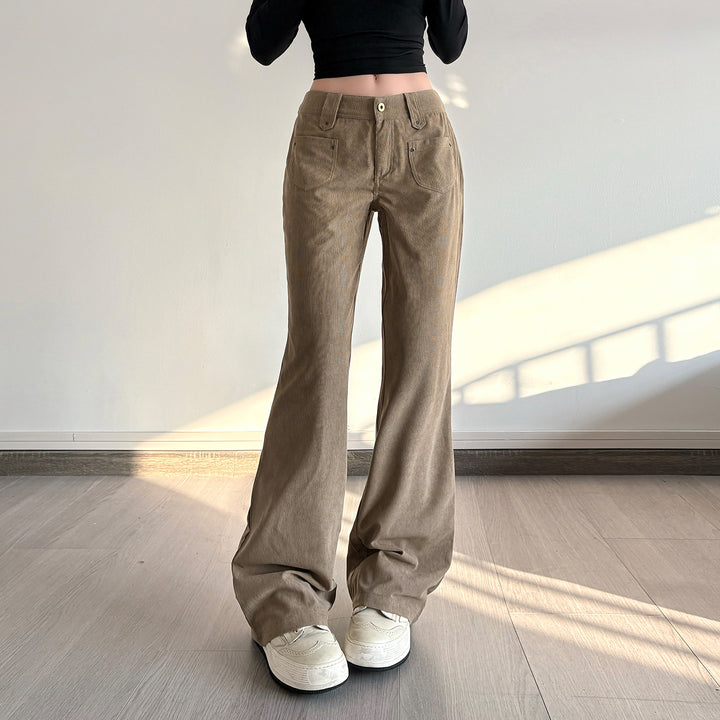 Women's corduroy trousers with high waist, wide flared leg and patch front pockets Mune Fashion
