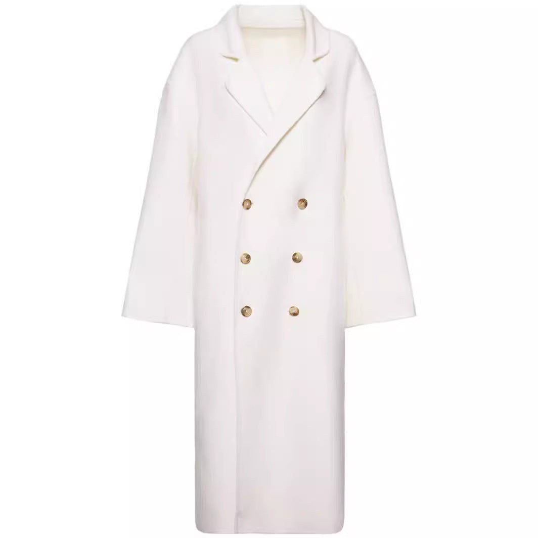 Women Oversize Double-breasted Long Coat with Dropped Shoulder Silhouette and Gold Decorative Buttons Mune Fashion