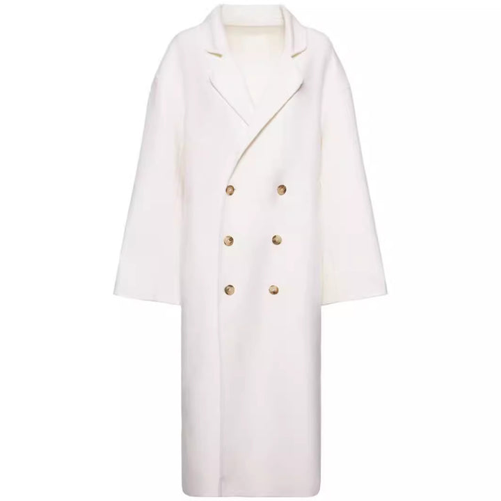 Women Oversize Double-breasted Long Coat with Dropped Shoulder Silhouette and Gold Decorative Buttons Mune Fashion