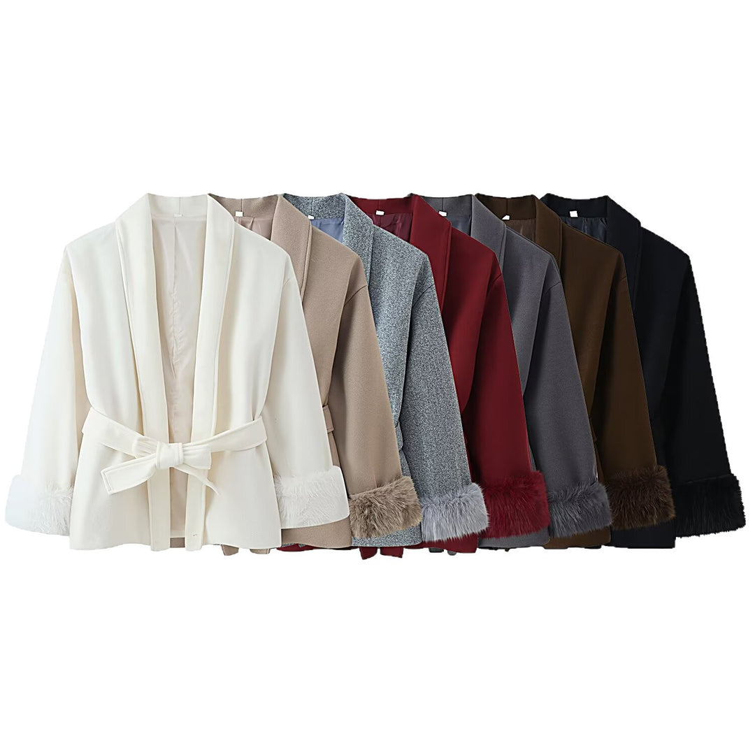 Women's wrap belt coat with shawl collar and faux fur cuffs Mune Fashion