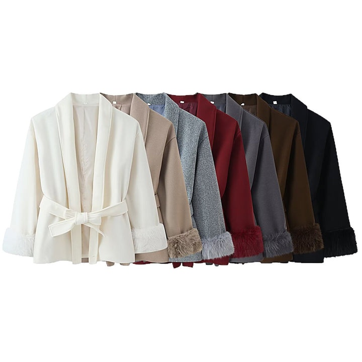 Women's wrap belt coat with shawl collar and faux fur cuffs Mune Fashion