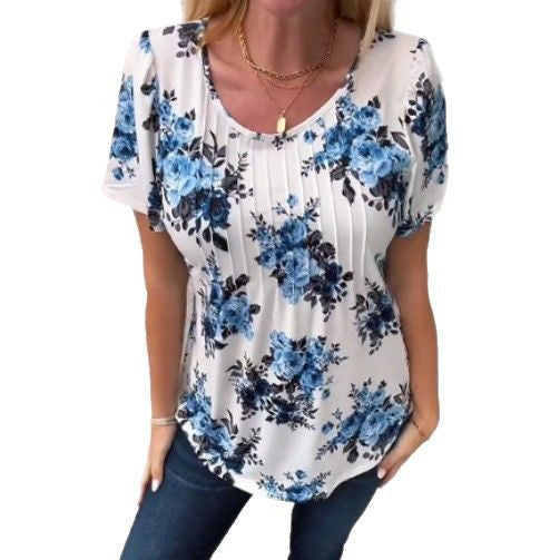 Ladies cropped short sleeve blouse shirt with box pleats and floral print Mune Fashion