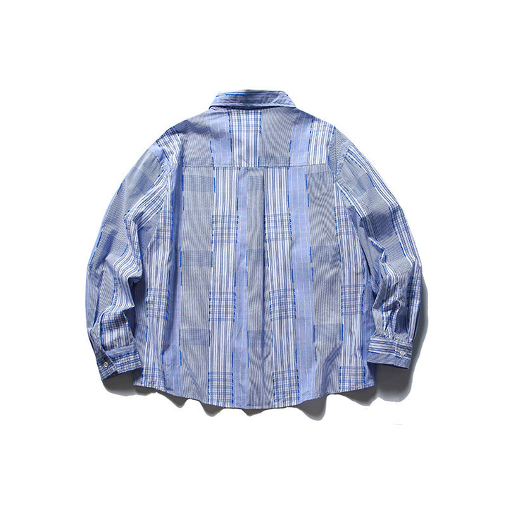 [Unisex] Oversize shirt in patchwork stripe mix with breast pocket and rounded hem Mune Fashion