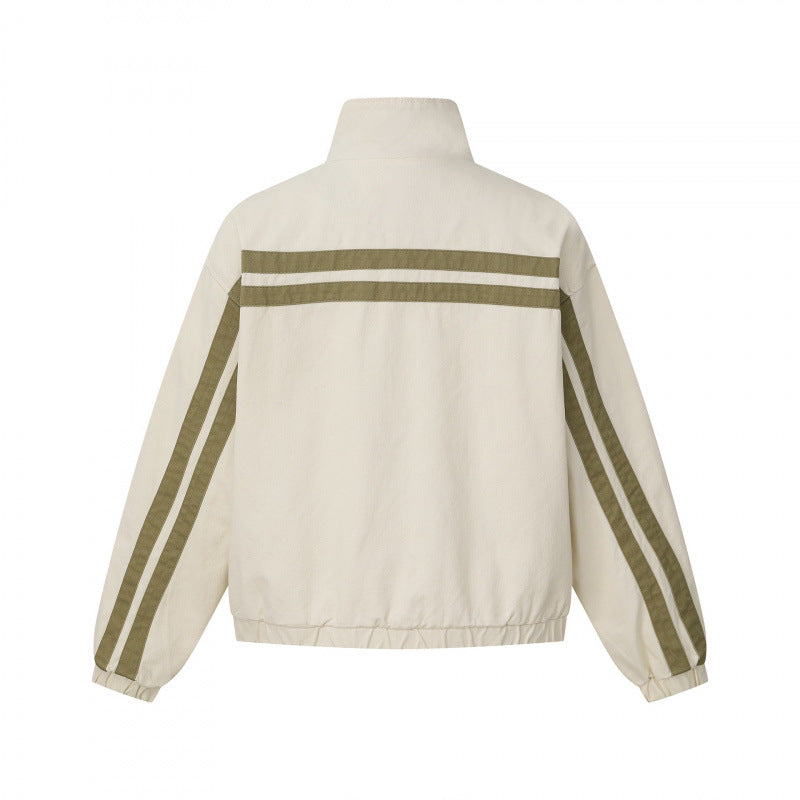 Unisex short cut boxy blouson jacket with stand collar, double stripe detail and checked inner lining Mune Fashion