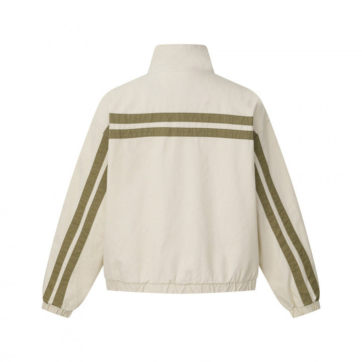 Unisex short cut boxy blouson jacket with stand collar, double stripe detail and checked inner lining Mune Fashion