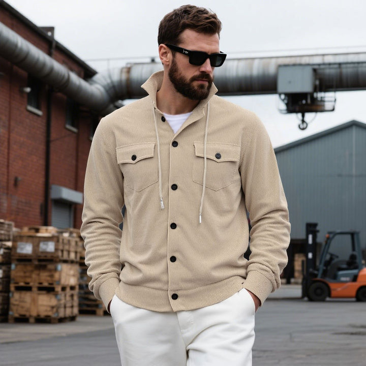 Men's knitted corduroy overshirt jacket with hood, breast pockets and continuous button placket Mune Fashion