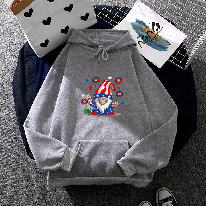 Women's hoodie with patriotic garden gnome print, brushed fleece lining, oversized cut, and kangaroo pocket Mune Fashion
