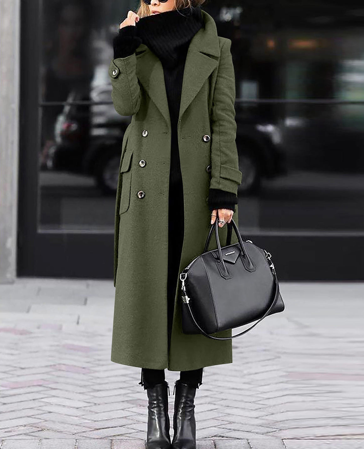 Women Long Double-Breasted Wool Blend Coat with Distinctive Lapels and Flap Pockets Mune Fashion