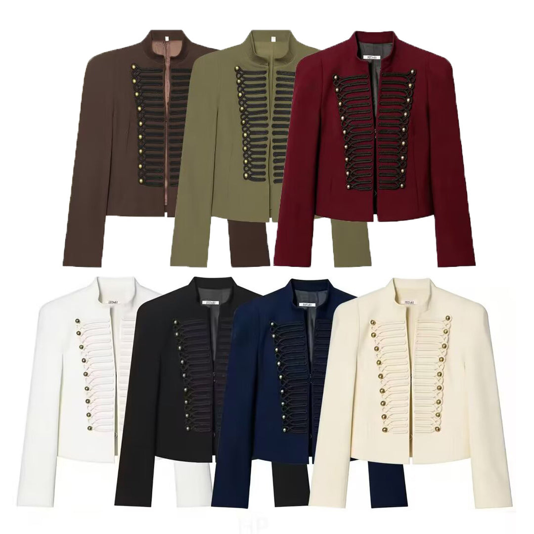 Women Cropped Military Blazer with ornamental cord decoration and stand-up collar Mune Fashion