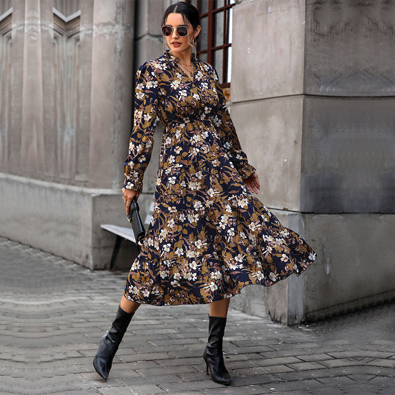 Women's Flowing Floral Midi Dress with V-Neck, Smocked Waistband, and Tiered Skirt Mune Fashion