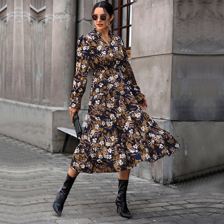Women's Flowing Floral Midi Dress with V-Neck, Smocked Waistband, and Tiered Skirt Mune Fashion