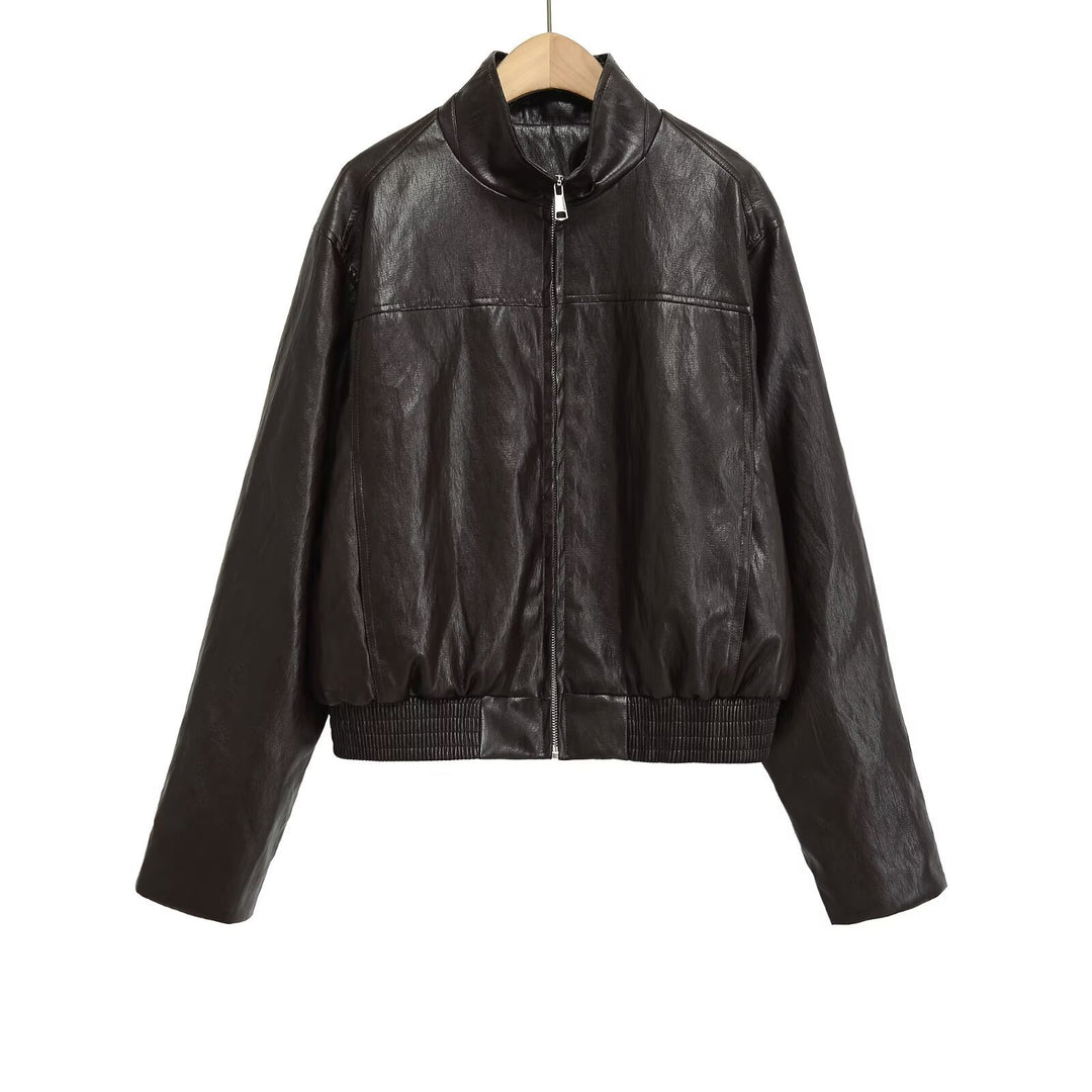 Women's Cropped Bomber Jacket in vegan leather look with funnel collar Mune Fashion