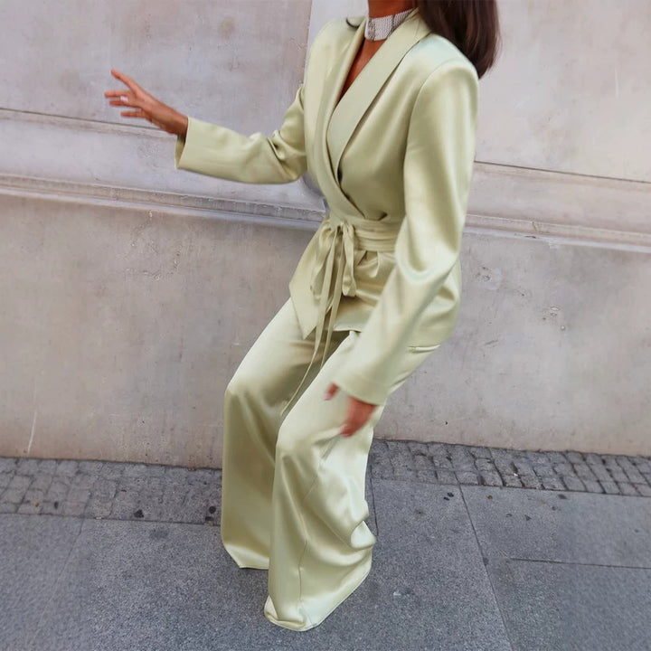 Women's Satin Two-Piece with Fitted Wrap Blazer and Wide Palazzo Pants Mune Fashion