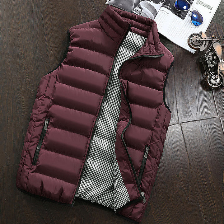 Men's Sleeveless Lightweight Padded Waistcoat with Thermal Lining, Stand Collar, and Checked Inner Lining Mune Fashion