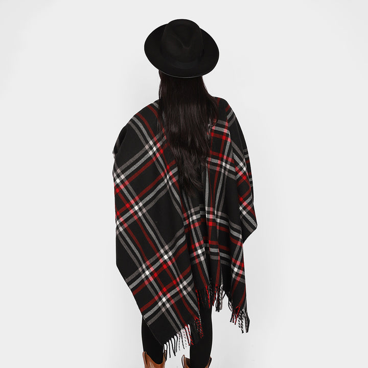 Women Checkered Oversized Throw Poncho with V-Neck and Fringed Hem Mune Fashion