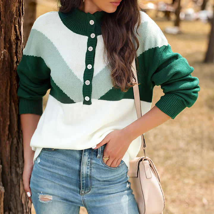 Women's chunky knit henley pullover with stand-up collar and chevron intarsia Mune Fashion