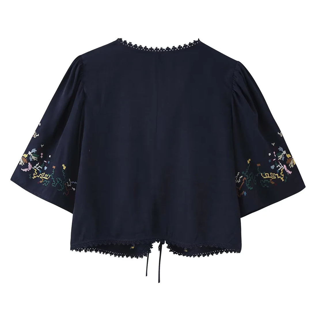 Women embroidered Kimono jacket with tie belt, crochet trim and elbow-length sleeves Mune Fashion