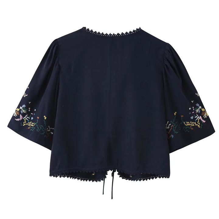 Women embroidered Kimono jacket with tie belt, crochet trim and elbow-length sleeves Mune Fashion